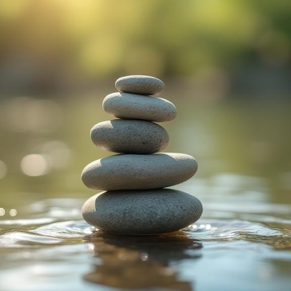 물가에 균형을 이루며 쌓여있는 조약돌