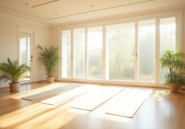 큰 창문으로 햇살이 들어오는 요가 스튜디오